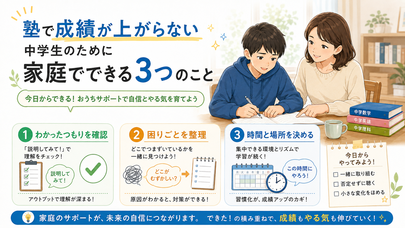 塾に行っても成績が上がらない中学生と家庭学習を支える保護者