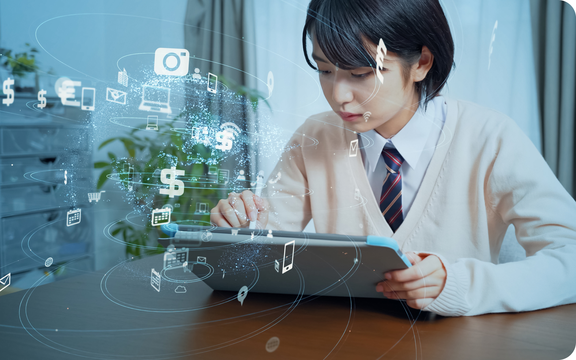 タブレットで勉強をしている学生